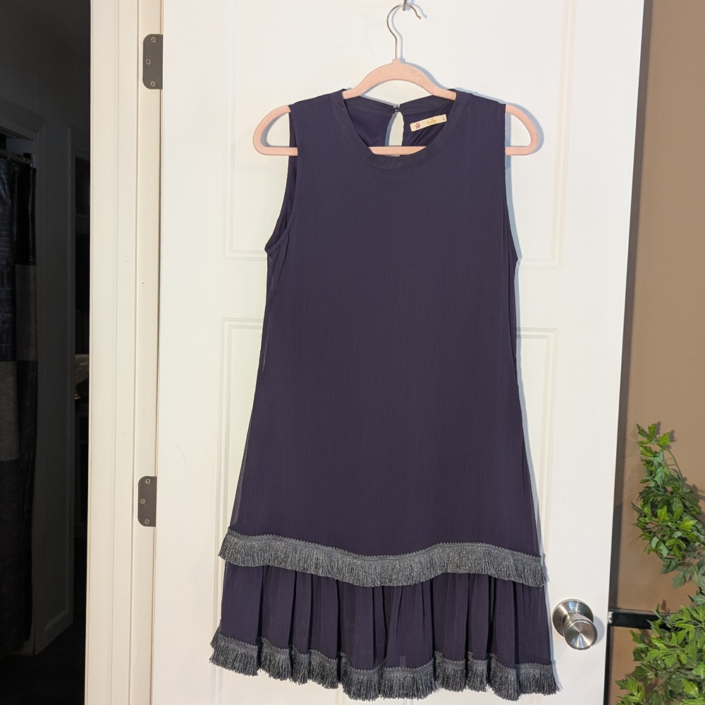 Tulle Deep Purple Sleeveless Dress With Gray Fringe. Size Large.